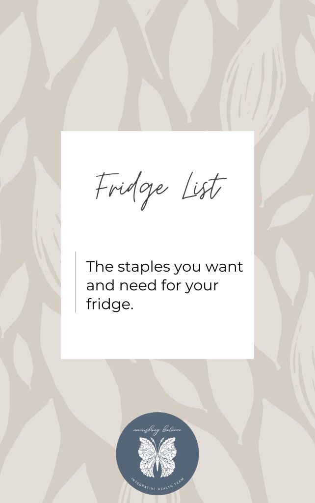 Cover of the Fridge List resource which includes grocery store staples for your fridge